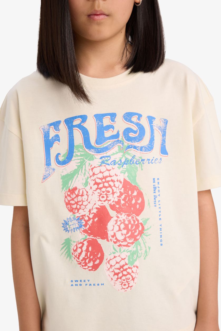 Kız Çocuk - Genç Kız Ekru Relax Fit Bisiklet Yaka Baskılı Kısa Kollu Tişört Kız Çocuk