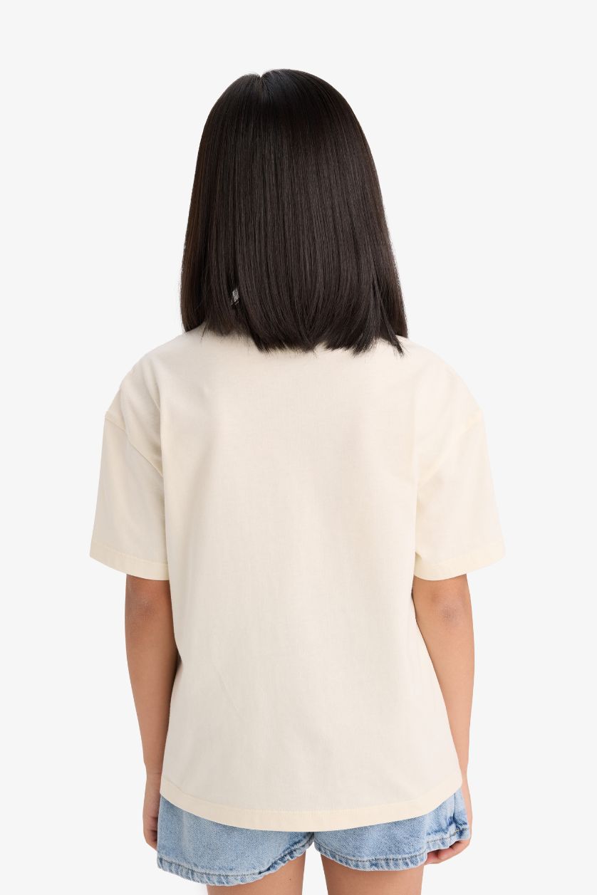 Kız Çocuk - Genç Kız Ekru Relax Fit Bisiklet Yaka Baskılı Kısa Kollu Tişört Kız Çocuk