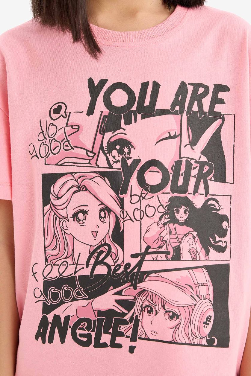 Kız Çocuk - Genç Kız Pembe Relax Fit Bisiklet Yaka Baskılı Kısa Kollu Tişört Kız Çocuk