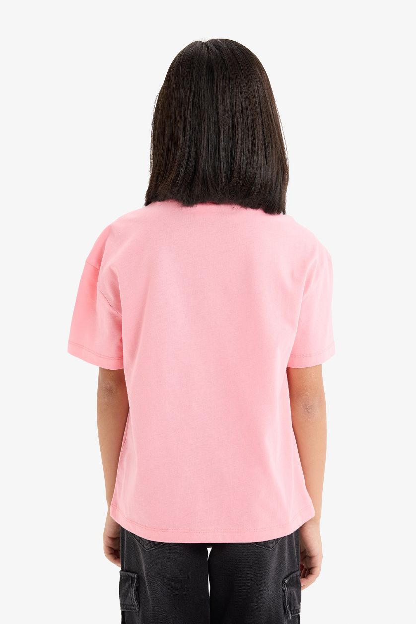 Kız Çocuk - Genç Kız Pembe Relax Fit Bisiklet Yaka Baskılı Kısa Kollu Tişört Kız Çocuk