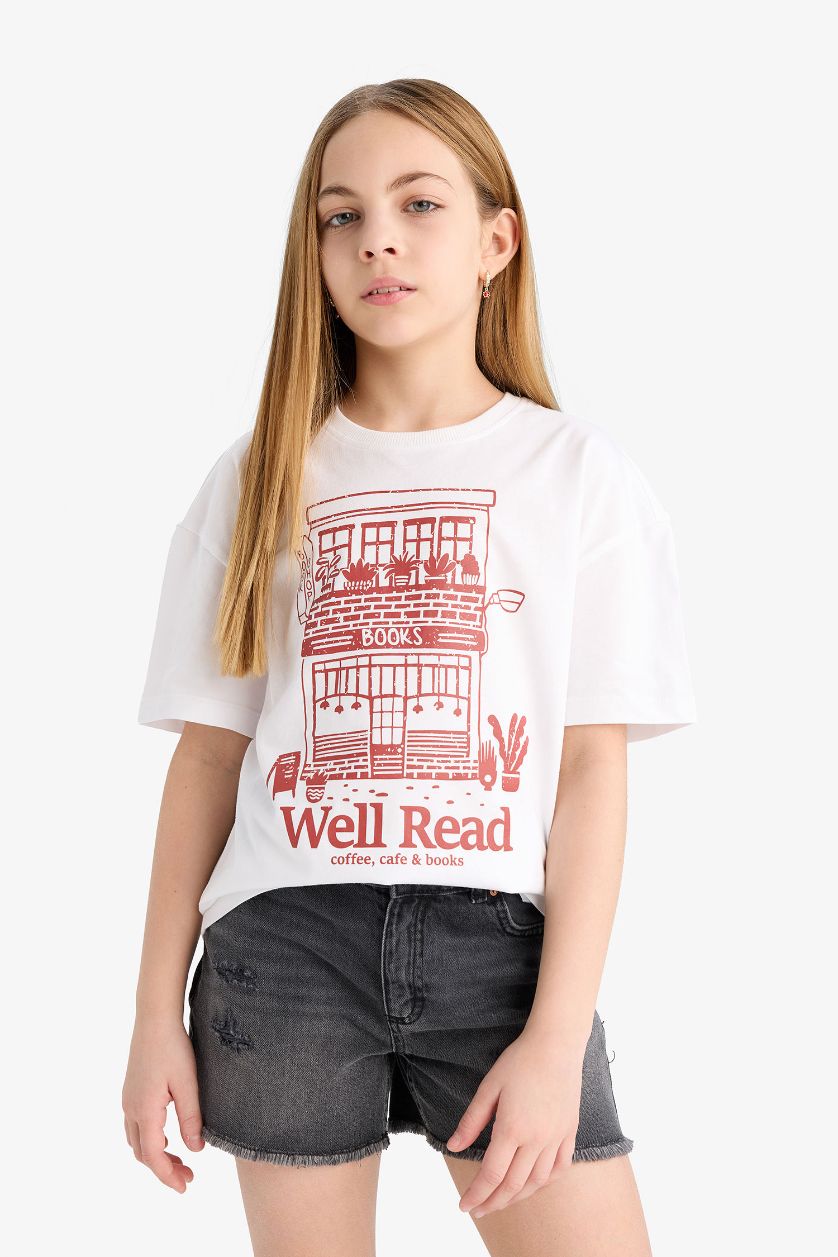 Kız Çocuk - Genç Kız Beyaz Relax Fit Bisiklet Yaka Baskılı Kısa Kollu Tişört Kız Çocuk