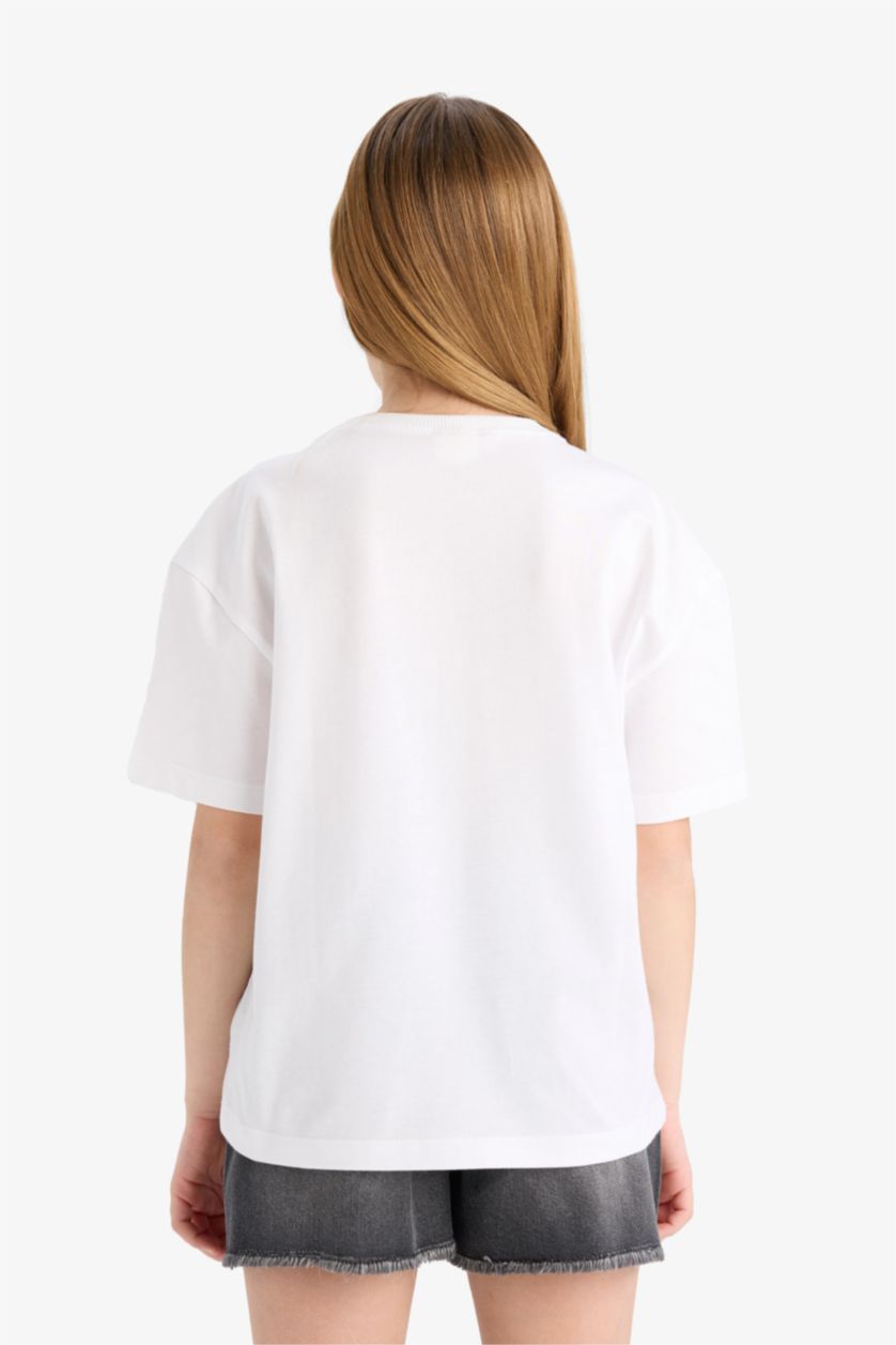 Kız Çocuk - Genç Kız Beyaz Relax Fit Bisiklet Yaka Baskılı Kısa Kollu Tişört Kız Çocuk