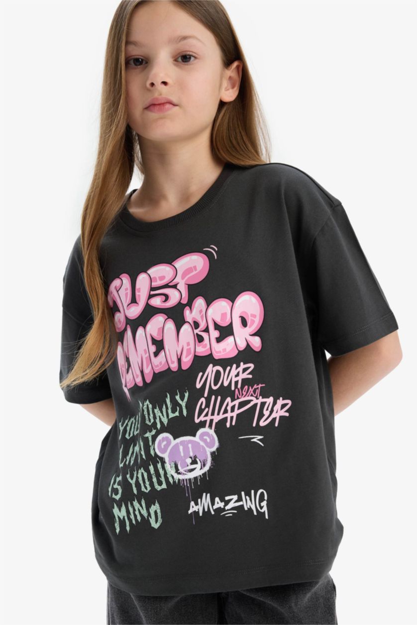 GIRLS & TEENS Anthracite Girl Oversize Crew Neck Slogan Printed T-Shirt