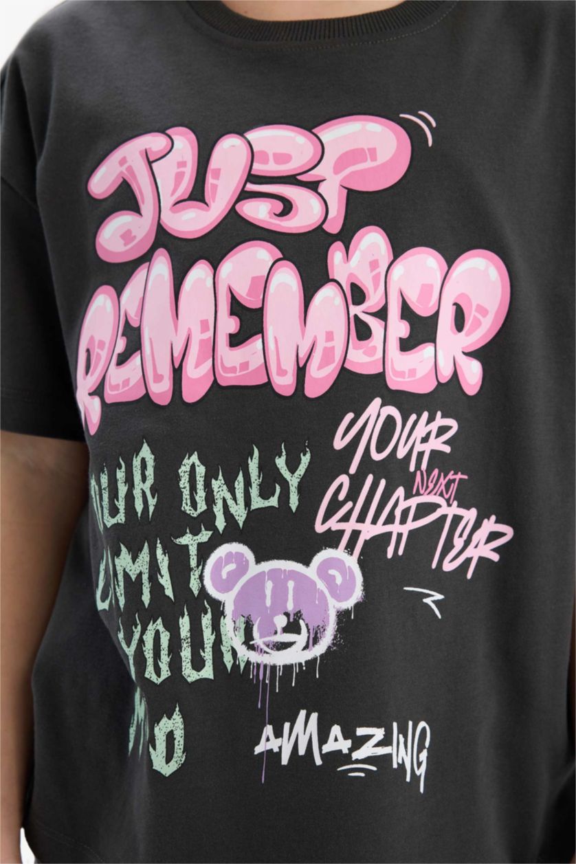 GIRLS & TEENS Anthracite Girl Oversize Crew Neck Slogan Printed T-Shirt