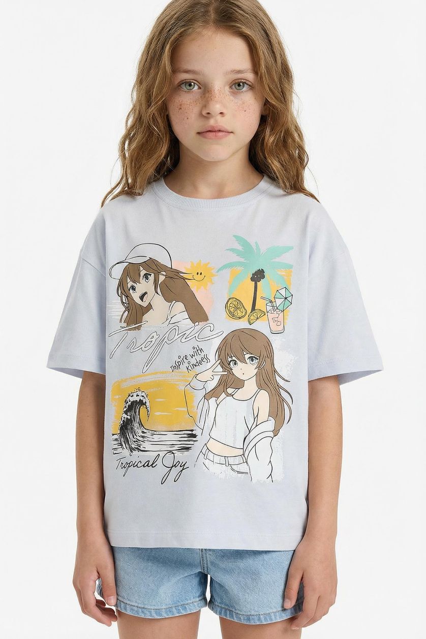 Kız Çocuk - Genç Kız Açık Mavi Oversize Geniş Kalıp Bisiklet Yaka Baskılı Kısa Kollu Tişört Kız Çocuk