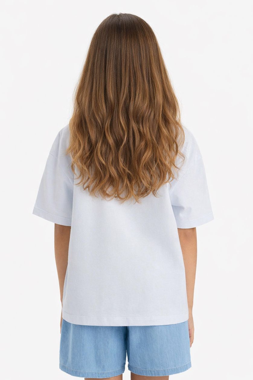 Kız Çocuk - Genç Kız Açık Mavi Oversize Geniş Kalıp Bisiklet Yaka Baskılı Kısa Kollu Tişört Kız Çocuk