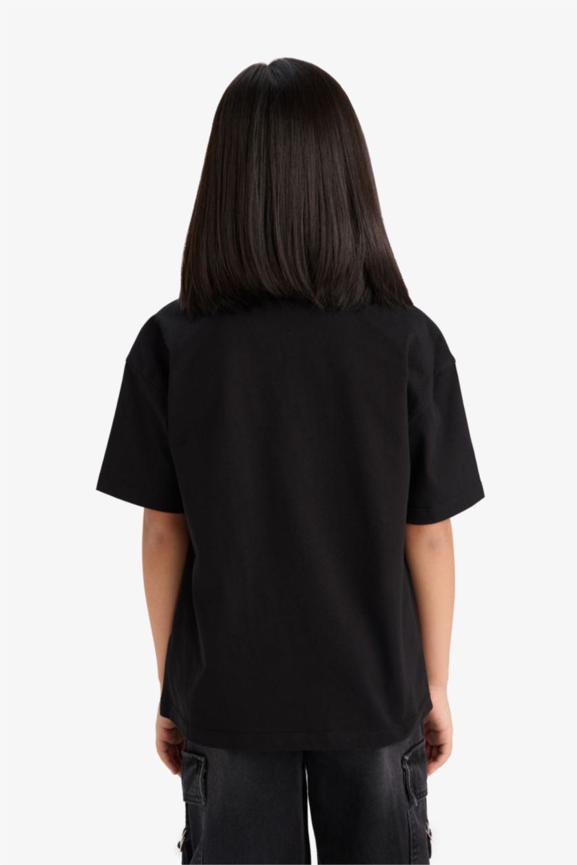 Kız Çocuk - Genç Kız Siyah Oversize Geniş Kalıp Bisiklet Yaka Baskılı Kısa Kollu Tişört Kız Çocuk