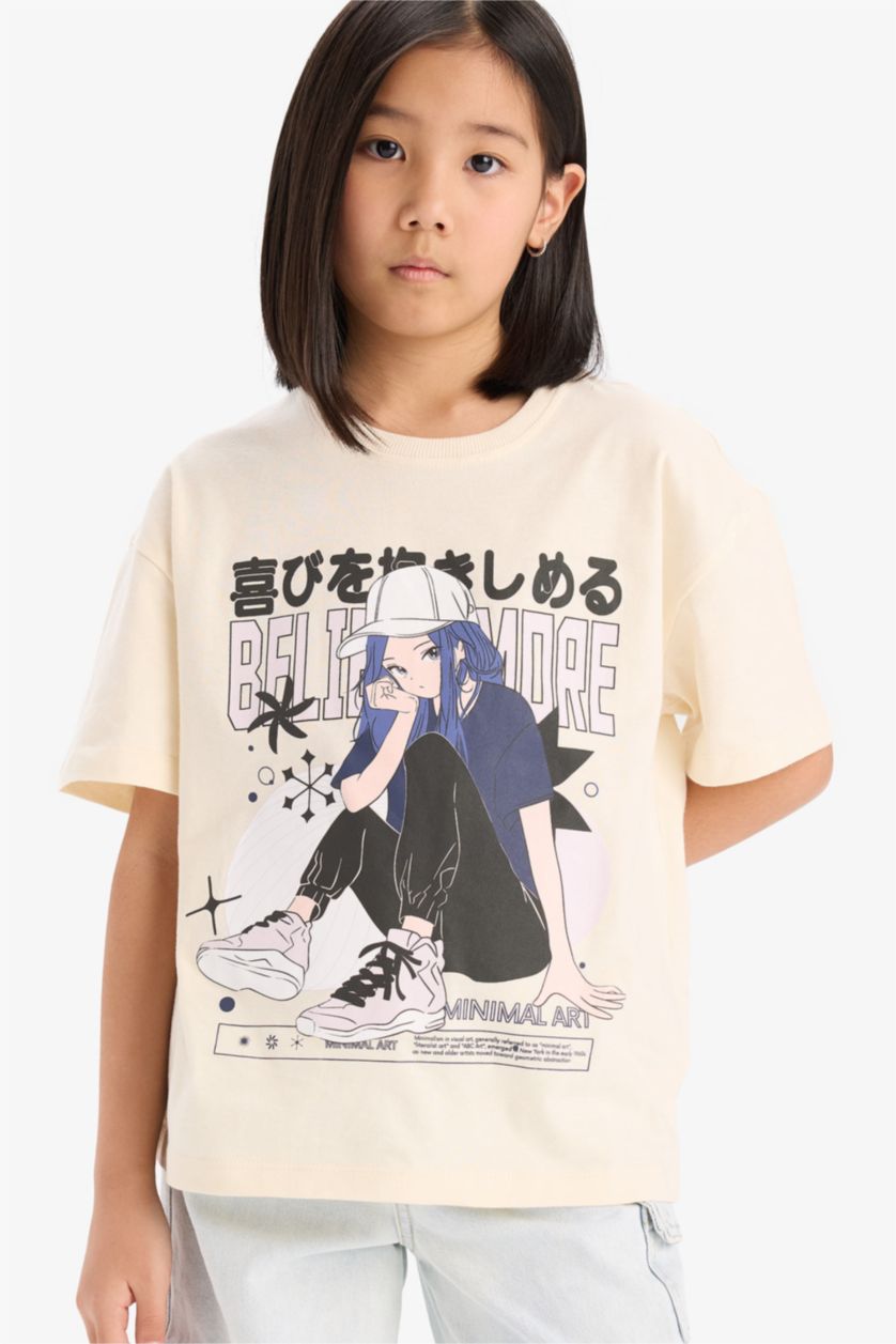 Kız Çocuk - Genç Kız Ekru Oversize Geniş Kalıp Bisiklet Yaka Baskılı Kısa Kollu Tişört Kız Çocuk