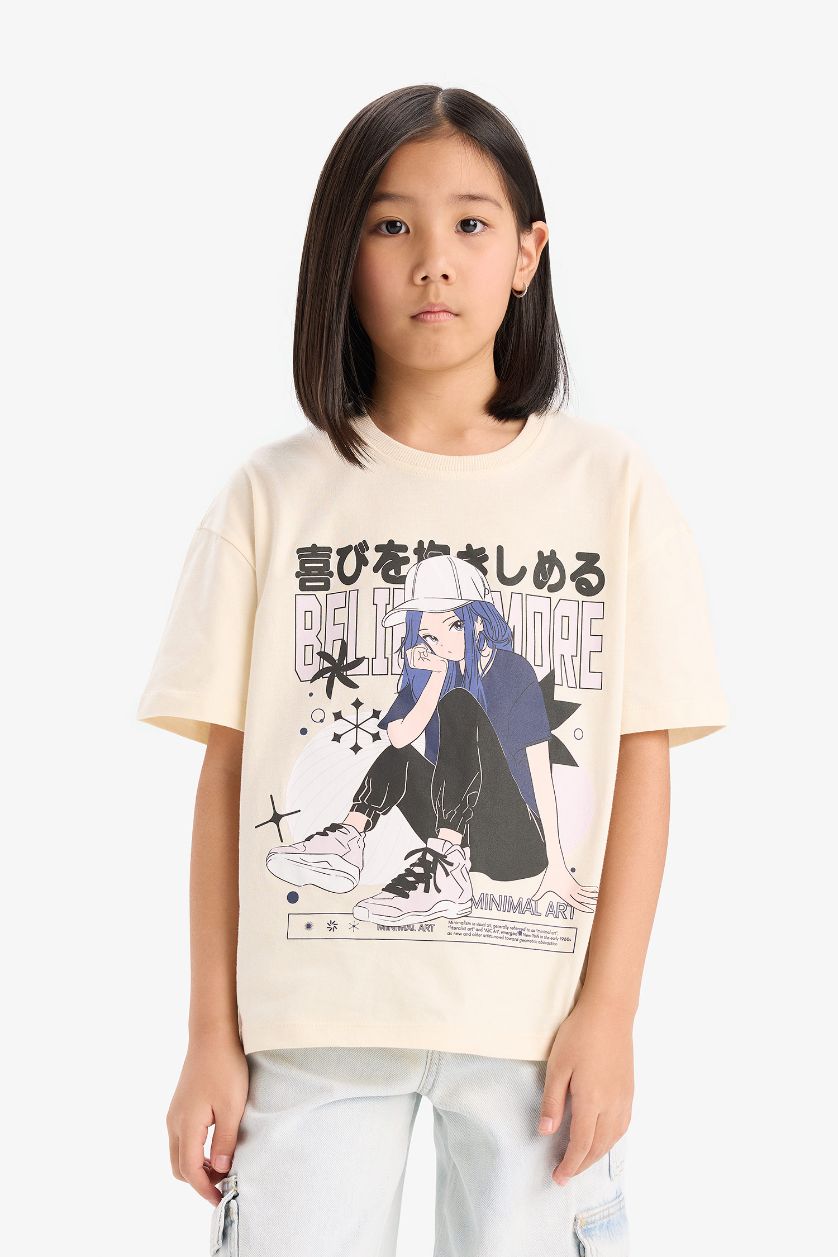 Kız Çocuk - Genç Kız Ekru Oversize Geniş Kalıp Bisiklet Yaka Baskılı Kısa Kollu Tişört Kız Çocuk