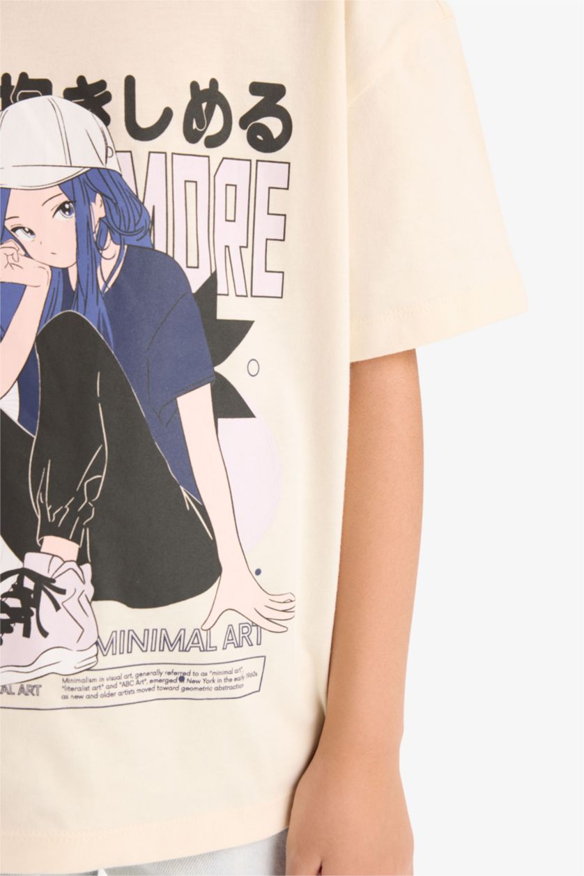 Kız Çocuk - Genç Kız Ekru Oversize Geniş Kalıp Bisiklet Yaka Baskılı Kısa Kollu Tişört Kız Çocuk