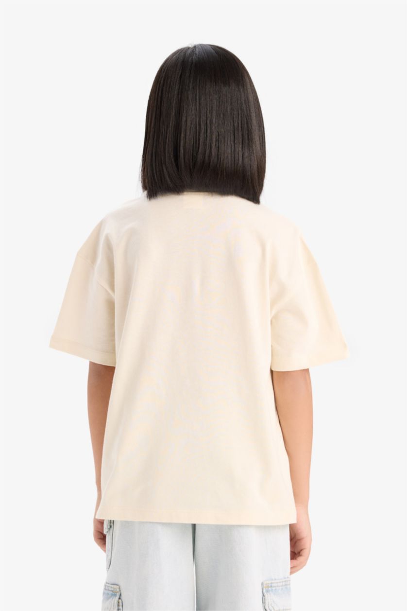 Kız Çocuk - Genç Kız Ekru Oversize Geniş Kalıp Bisiklet Yaka Baskılı Kısa Kollu Tişört Kız Çocuk