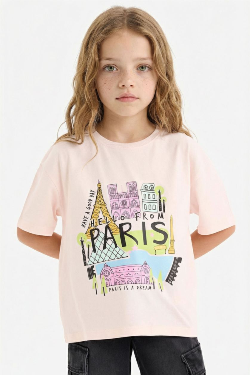 Kız Çocuk - Genç Kız Açık Pembe Oversize Geniş Kalıp Bisiklet Yaka Baskılı Kısa Kollu Tişört Kız Çocuk