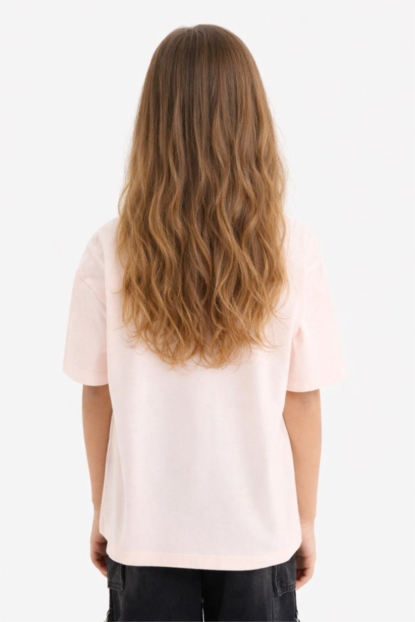 Kız Çocuk - Genç Kız Açık Pembe Oversize Geniş Kalıp Bisiklet Yaka Baskılı Kısa Kollu Tişört Kız Çocuk