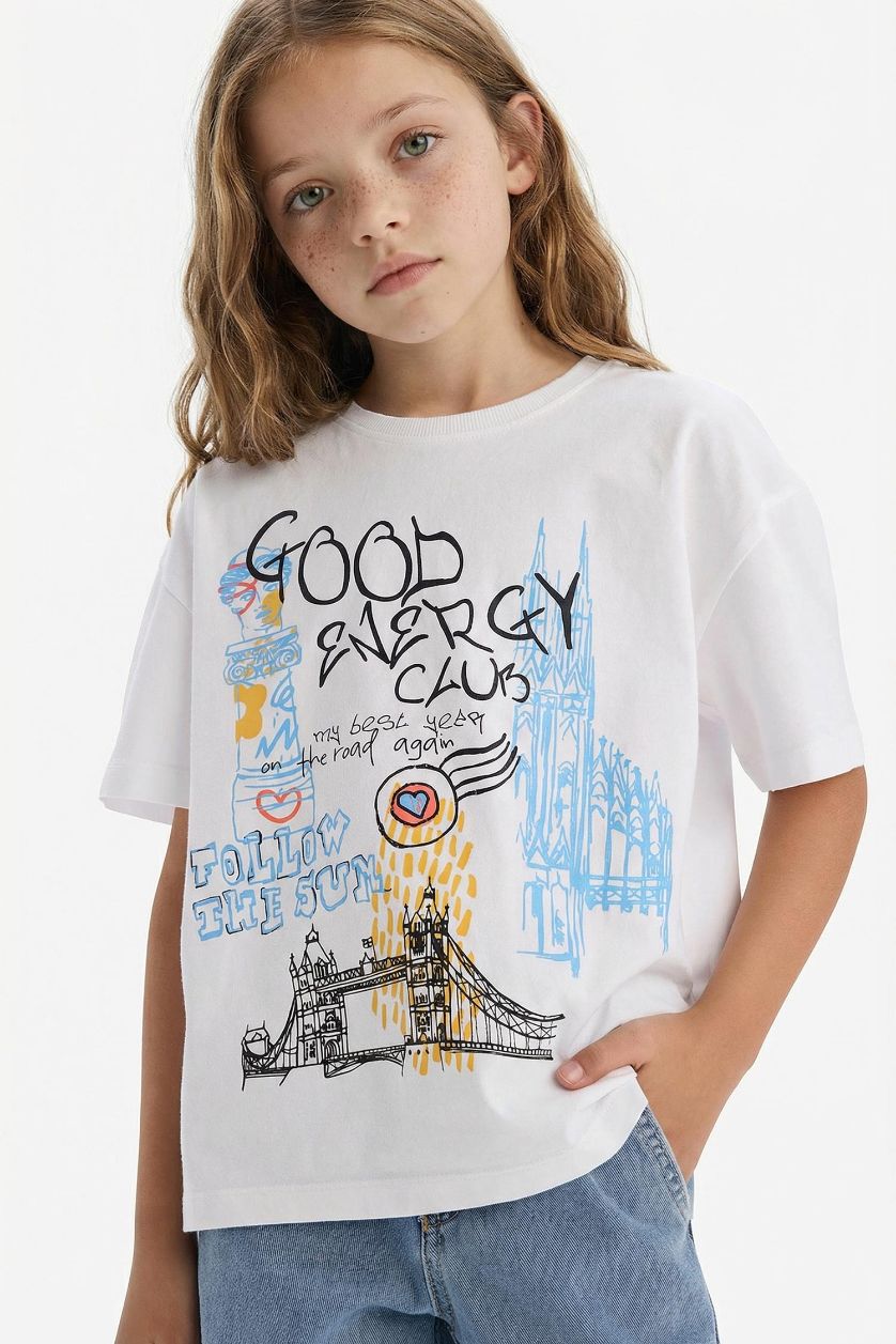 FILLES Blanc T-shirt oversize imprimé à col rond et manches courtes pour fille