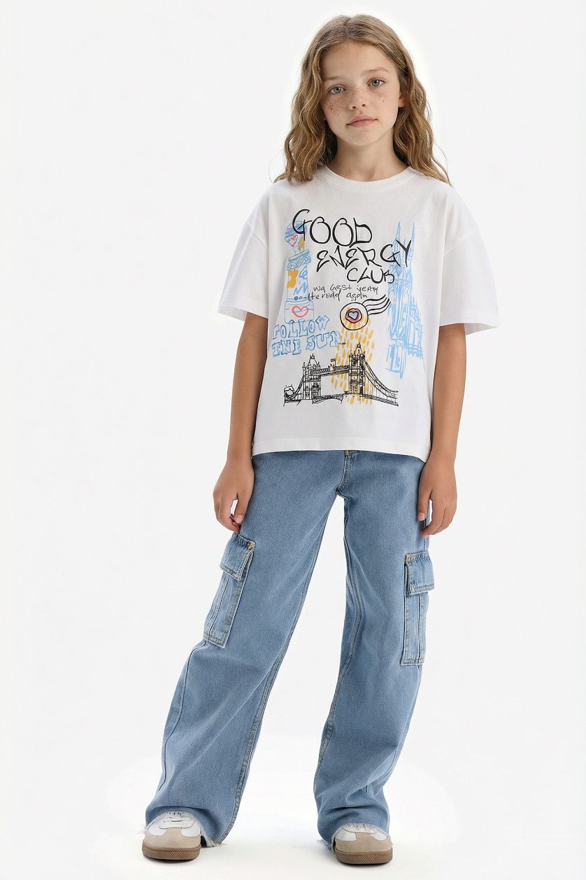 FILLES Blanc T-shirt oversize imprimé à col rond et manches courtes pour fille