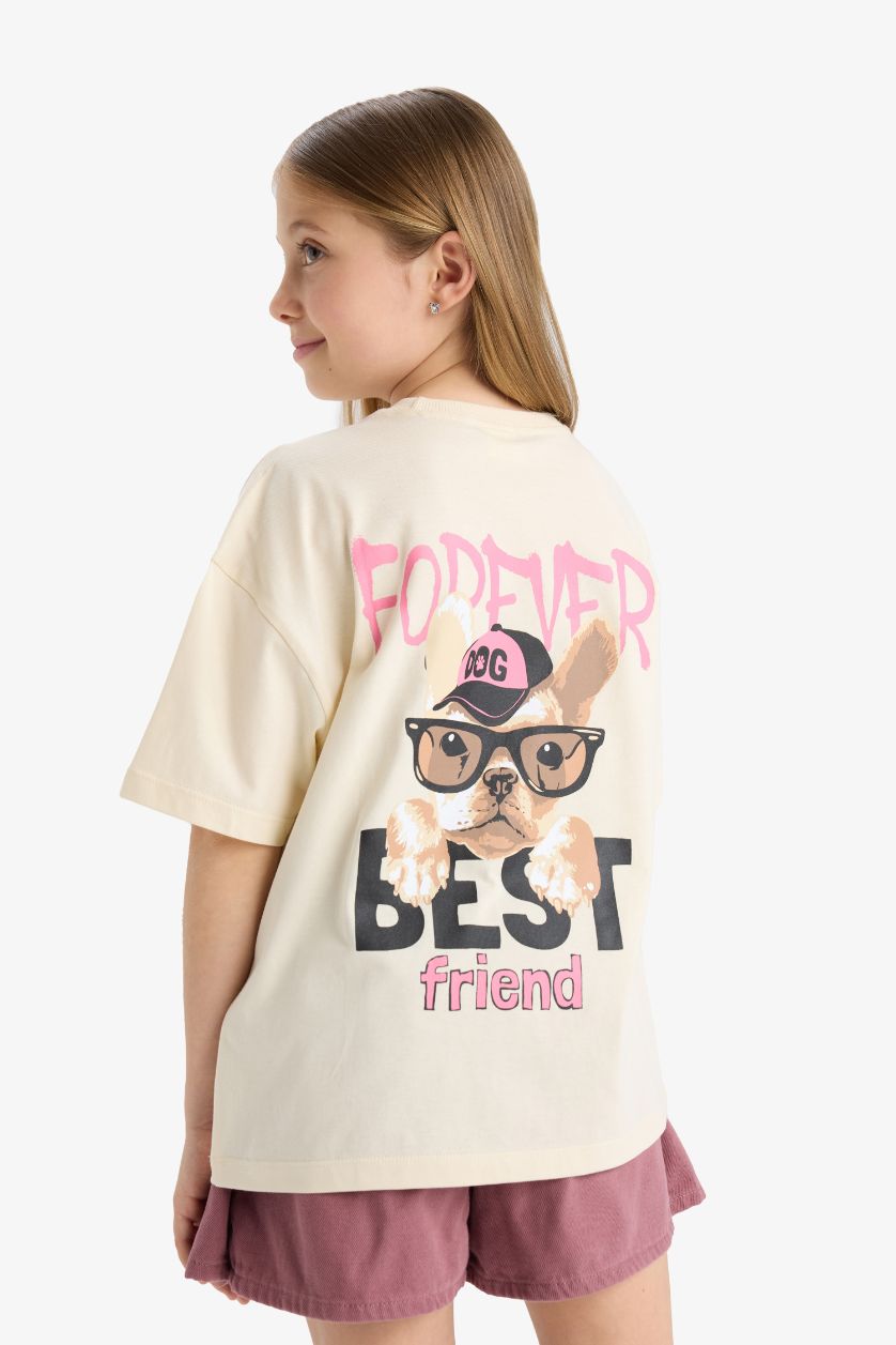 Kız Çocuk - Genç Kız Ekru Oversize Geniş Kalıp Bisiklet Yaka Sırt Baskılı Kısa Kollu Tişört Kız Çocuk