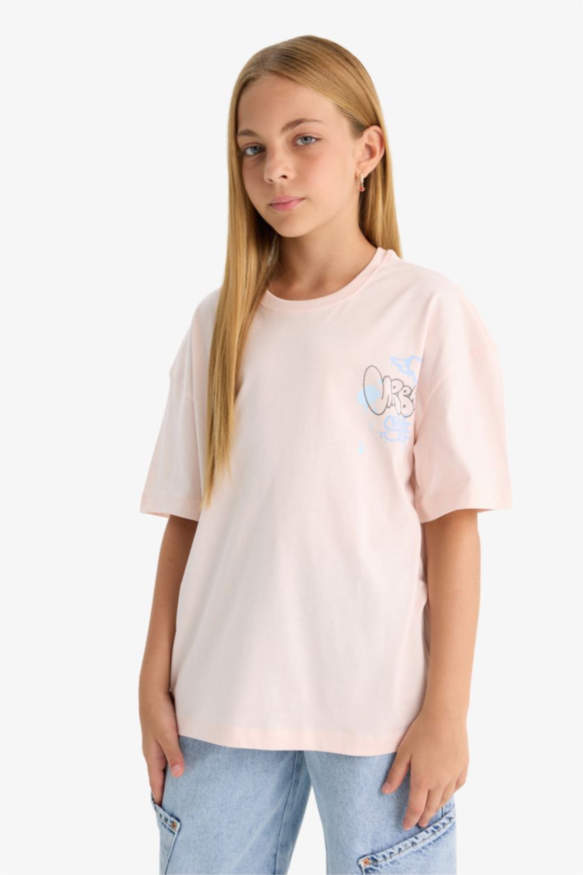 Kız Çocuk - Genç Kız Açık Pembe Oversize Geniş Kalıp Bisiklet Yaka Sırt Baskılı Kısa Kollu Tişört Kız Çocuk