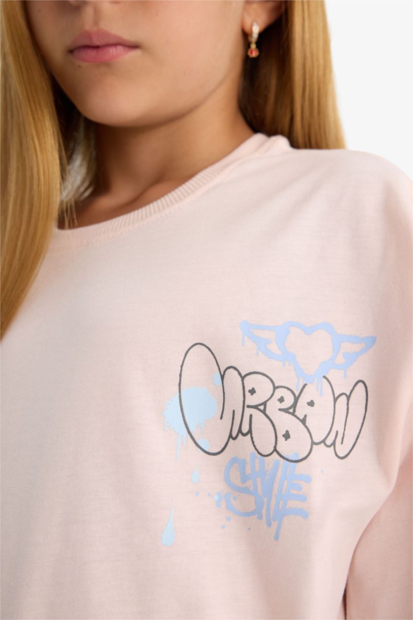 Kız Çocuk - Genç Kız Açık Pembe Oversize Geniş Kalıp Bisiklet Yaka Sırt Baskılı Kısa Kollu Tişört Kız Çocuk