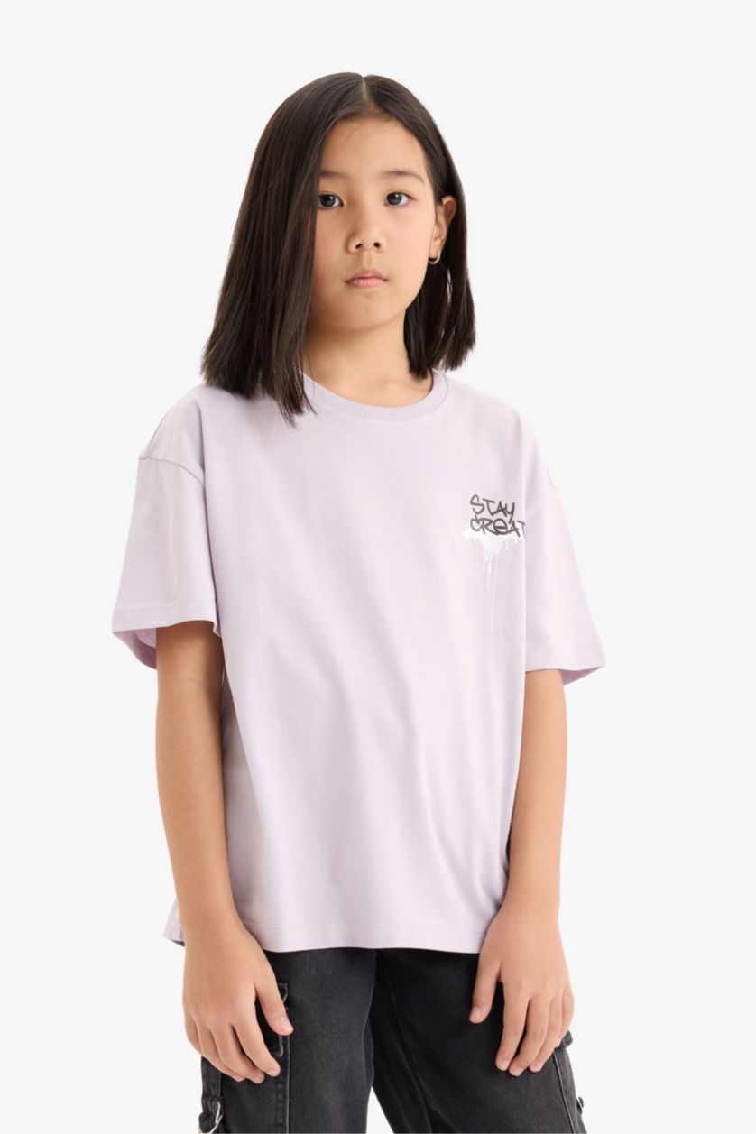Kız Çocuk - Genç Kız Açık Lila Oversize Geniş Kalıp Bisiklet Yaka Sırt Baskılı Kısa Kollu Tişört Kız Çocuk