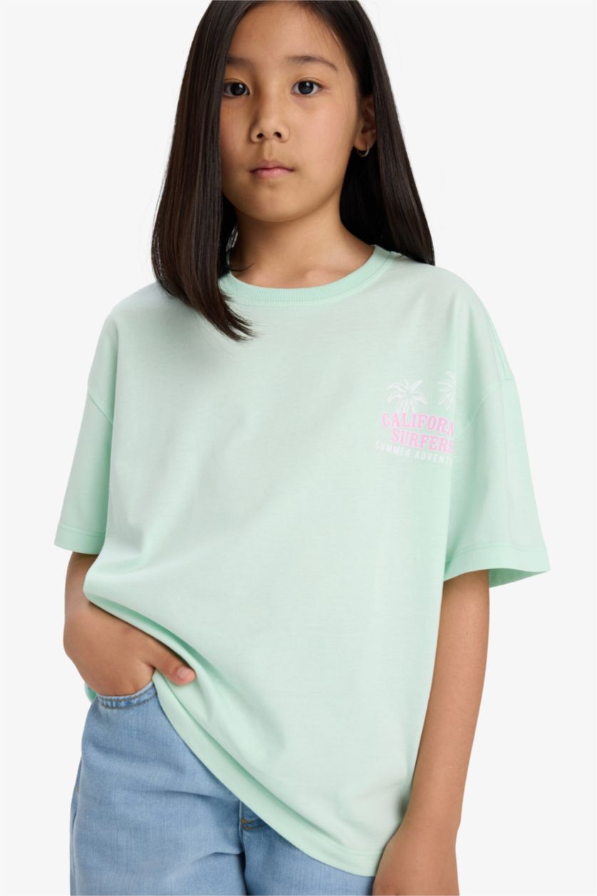 Girls & Teens Light Aqua Girl Oversize Fit Crew Neck Back Printed T-Shirt