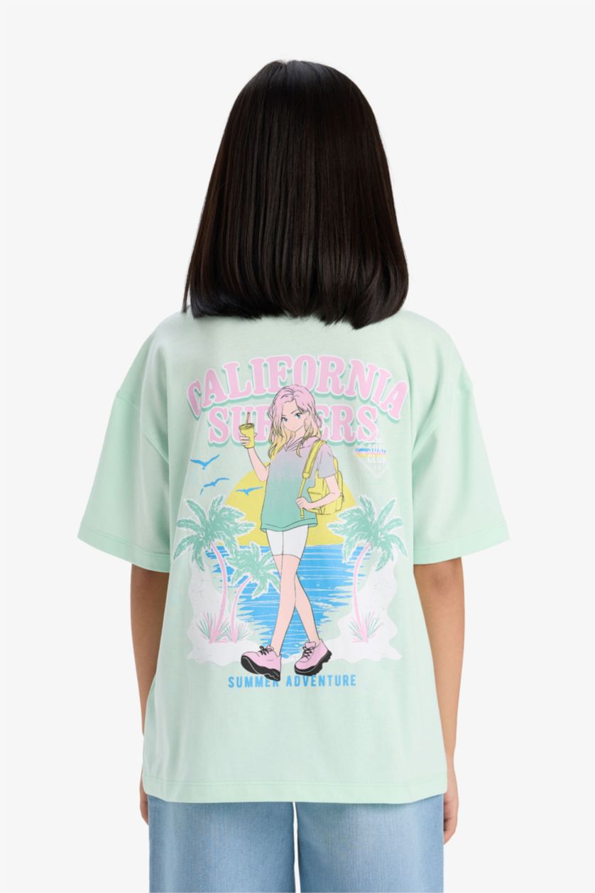 Girls & Teens Light Aqua Girl Oversize Fit Crew Neck Back Printed T-Shirt
