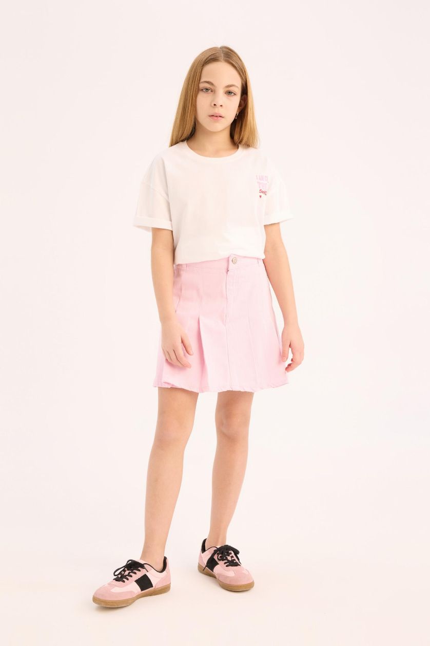 Kız Çocuk - Genç Kız Beyaz Oversize Geniş Kalıp Bisiklet Yaka Sırt Baskılı Kısa Kollu Tişört Kız Çocuk