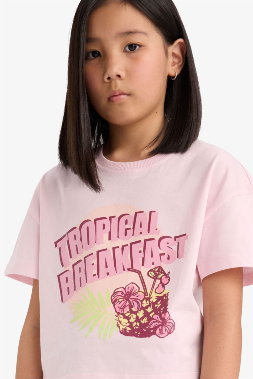 بنات زهري فاتح تيشيرت بناتي نص ردن أوفر سايز بياخة مستديرة