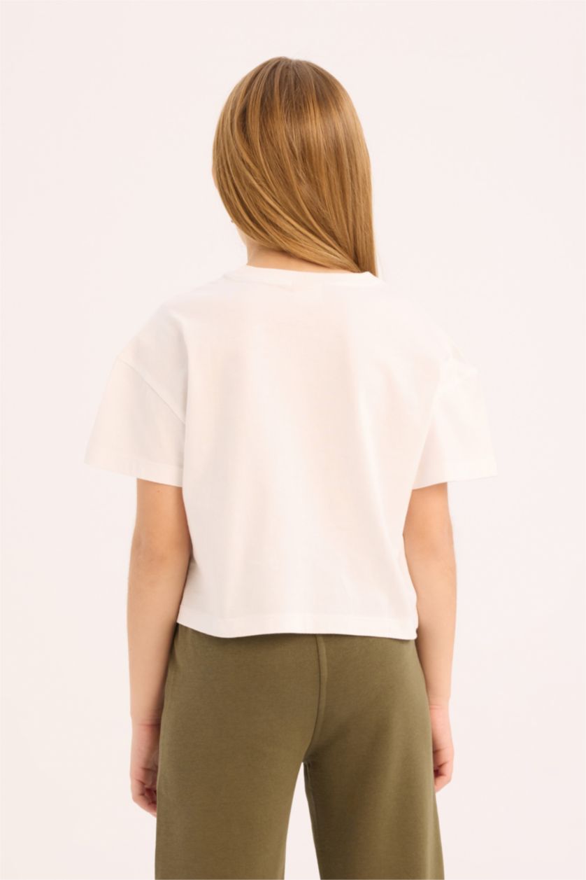 Kız Çocuk - Genç Kız Beyaz Boxy Fit Bisiklet Yaka Baskılı Kısa Kollu Tişört Kız Çocuk