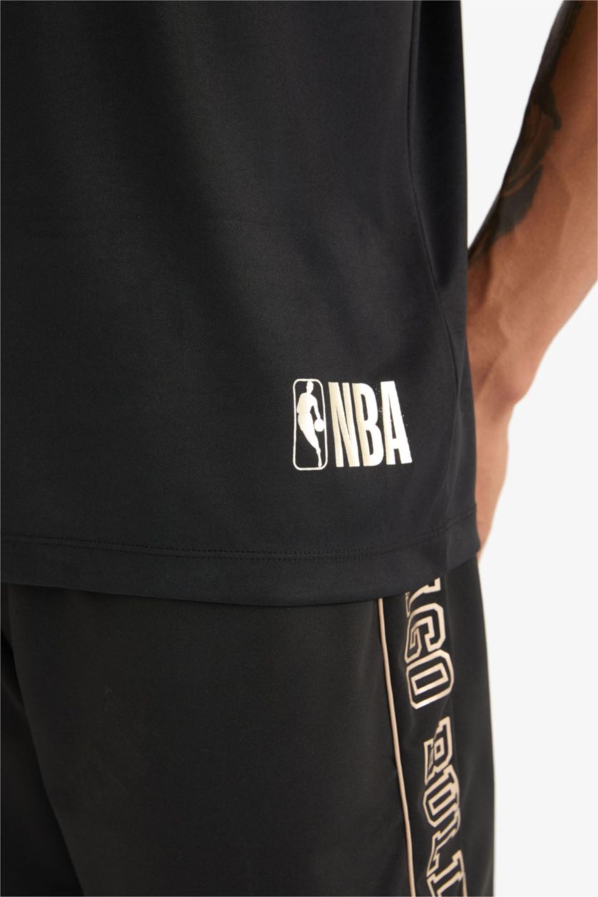 Erkek Siyah NBA Chicago Bulls Oversize Geniş Kalıp Bisiklet Yaka Sırt Baskılı Kısa Kollu Tişört