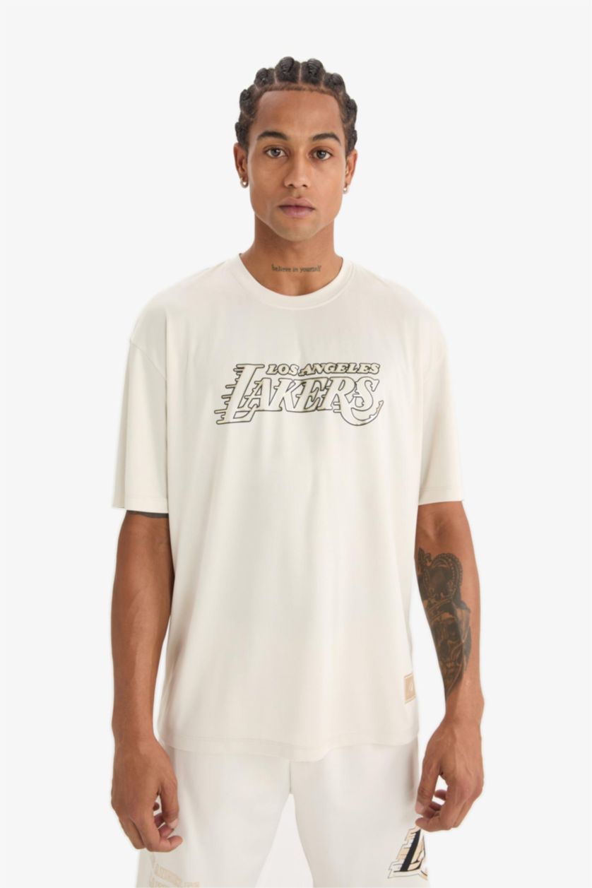 Erkek Taş NBA Los Angeles Lakers Oversize Geniş Kalıp Bisiklet Yaka Sırt Baskılı Kısa Kollu Tişört