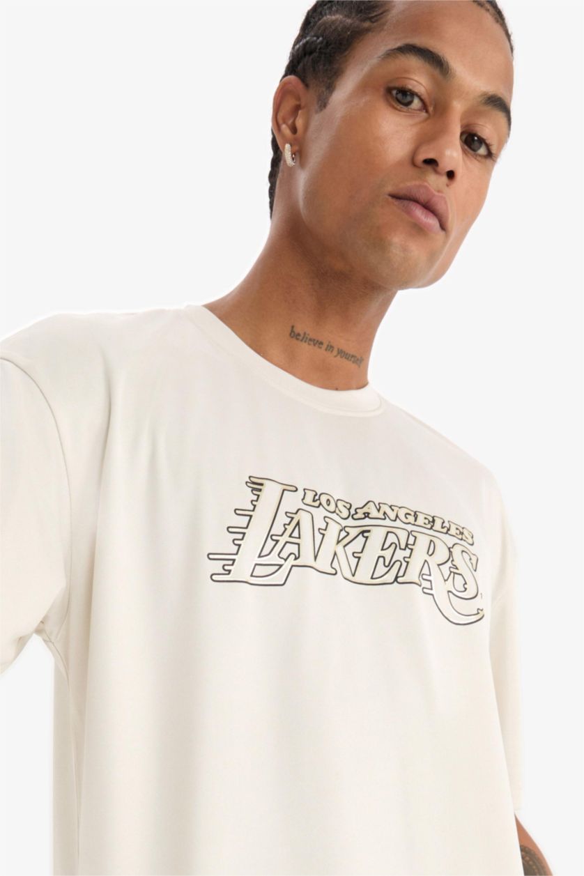 Erkek Taş NBA Los Angeles Lakers Oversize Geniş Kalıp Bisiklet Yaka Sırt Baskılı Kısa Kollu Tişört