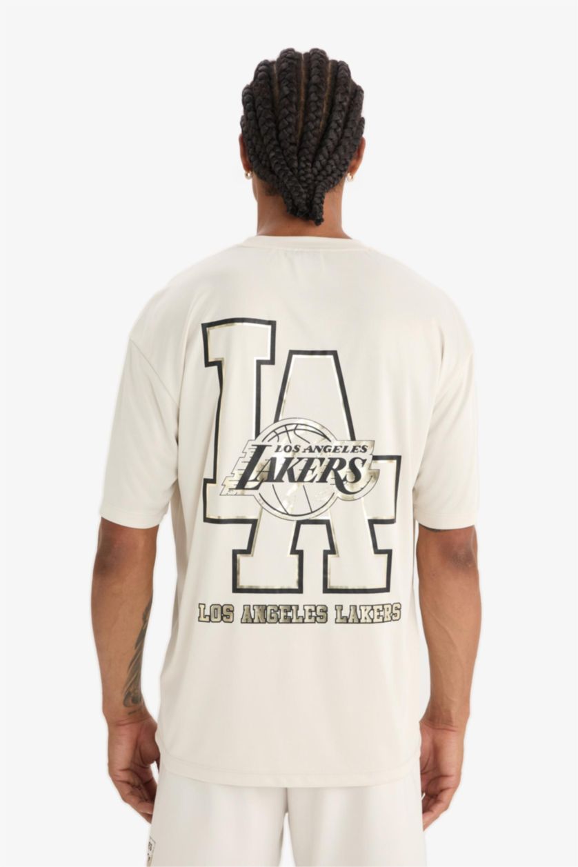 Erkek Taş NBA Los Angeles Lakers Oversize Geniş Kalıp Bisiklet Yaka Sırt Baskılı Kısa Kollu Tişört