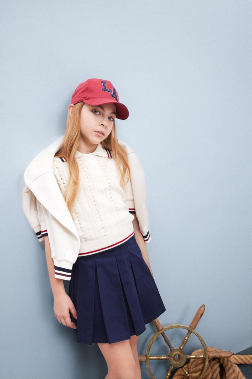 Kız Çocuk - Genç Kız Ekru Cropped Fit Polo Yaka Triko Kazak Kız Çocuk