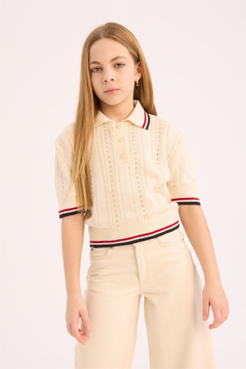 Kız Çocuk - Genç Kız Ekru Cropped Fit Polo Yaka Triko Kazak Kız Çocuk