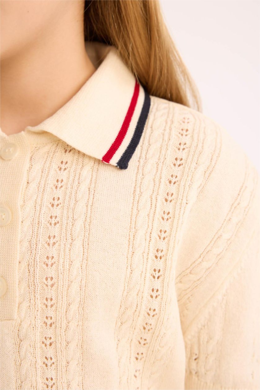 Kız Çocuk - Genç Kız Ekru Cropped Fit Polo Yaka Triko Kazak Kız Çocuk