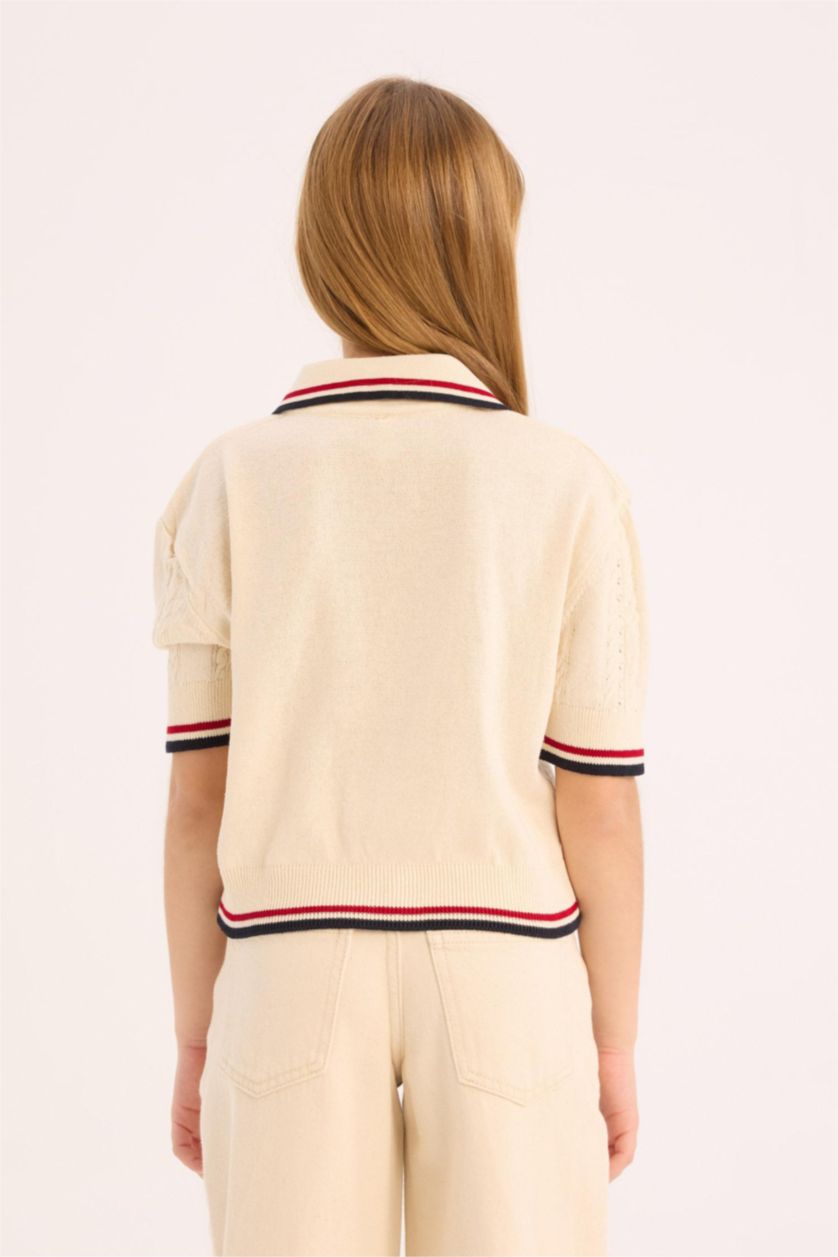 Kız Çocuk - Genç Kız Ekru Cropped Fit Polo Yaka Triko Kazak Kız Çocuk