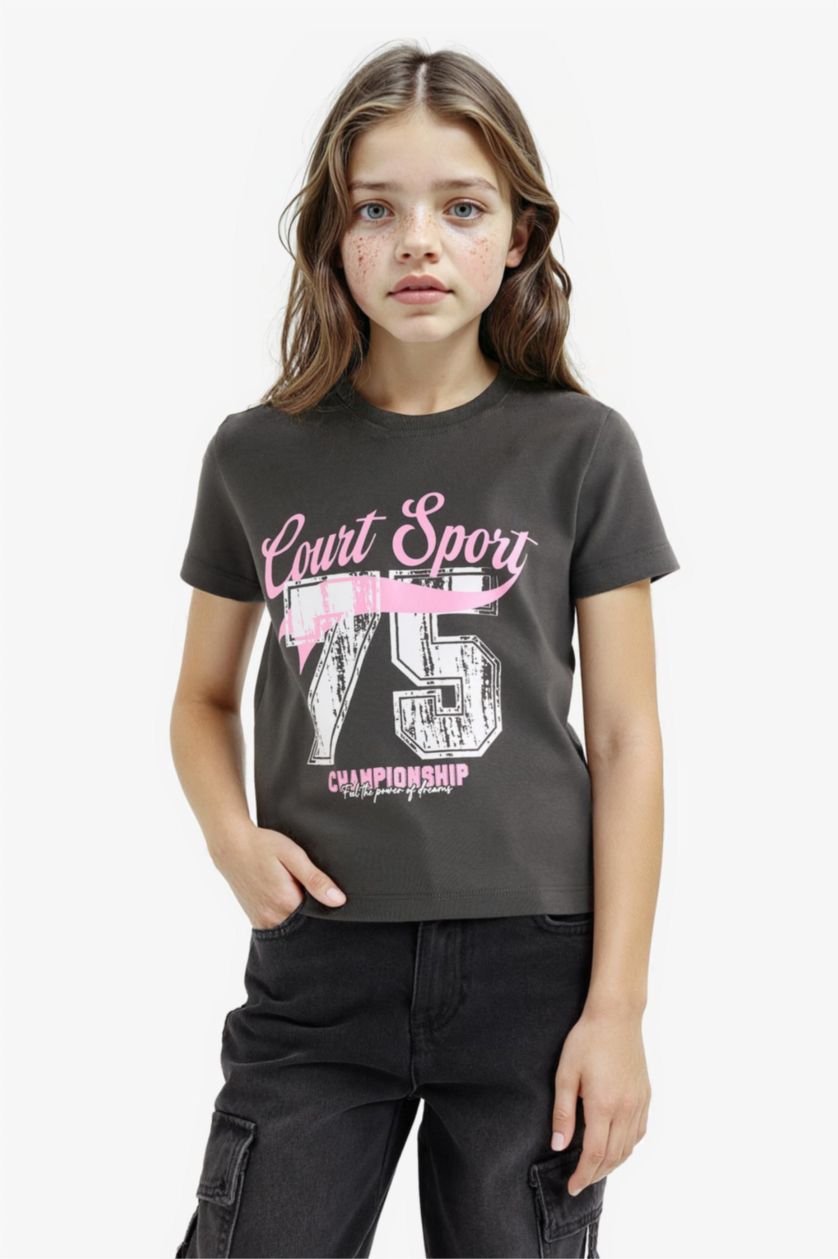 Девочки и подростки Антрацит Футболка Slim Fit для девочек с узким кроем, круглым вырезом, короткий рукав