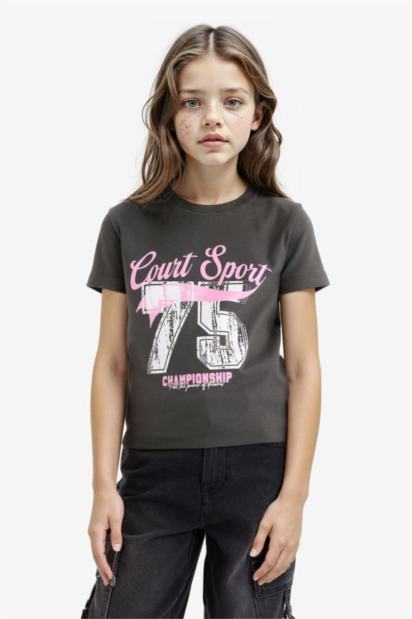 Девочки и подростки Антрацит Футболка Slim Fit для девочек с узким кроем, круглым вырезом, короткий рукав