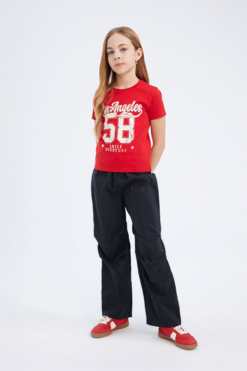 Kız Çocuk - Genç Kız Kırmızı Slim Fit Dar Kesim Bisiklet Yaka Baskılı Ribana Kısa Kollu Tişört Kız Çocuk