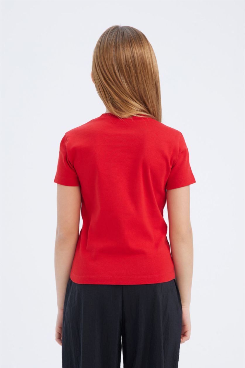 Kız Çocuk - Genç Kız Kırmızı Slim Fit Dar Kesim Bisiklet Yaka Baskılı Ribana Kısa Kollu Tişört Kız Çocuk