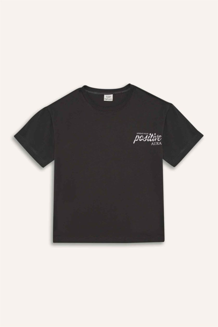 Девочки и подростки Антрацит Футболка оверсайз с короткими рукавами, с принтом на спине, для девочек