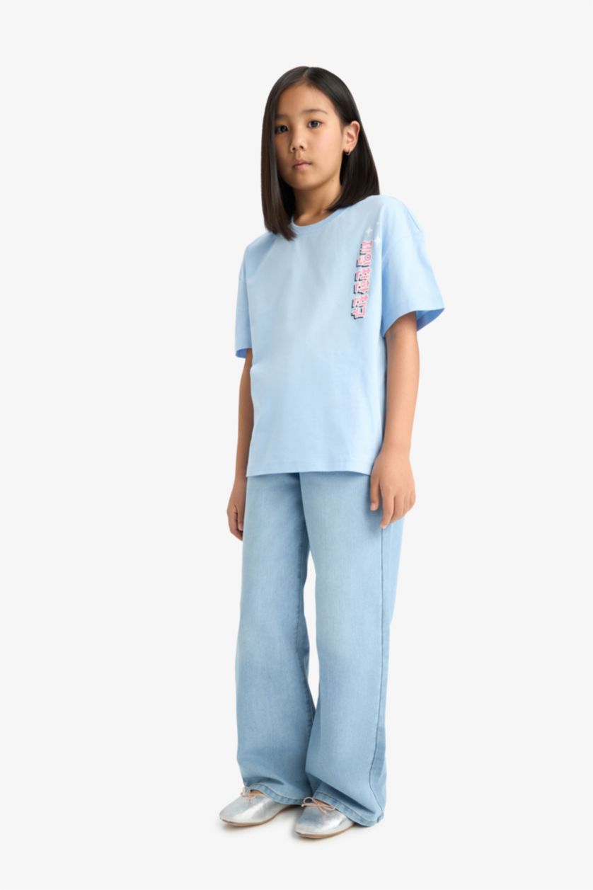 Kız Çocuk - Genç Kız Açık Mavi Oversize Geniş Kalıp Bisiklet Yaka Sırt Baskılı Kısa Kollu Tişört Kız Çocuk