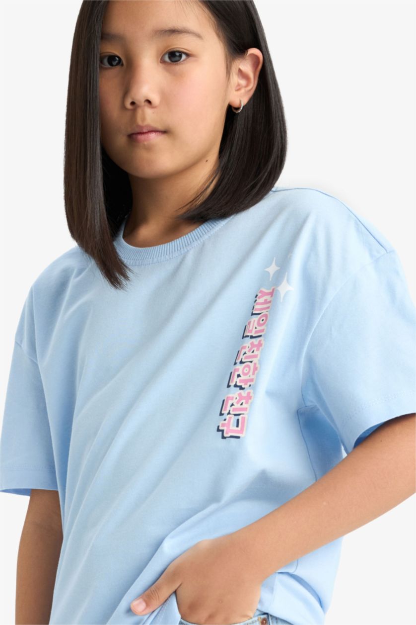 Kız Çocuk - Genç Kız Açık Mavi Oversize Geniş Kalıp Bisiklet Yaka Sırt Baskılı Kısa Kollu Tişört Kız Çocuk