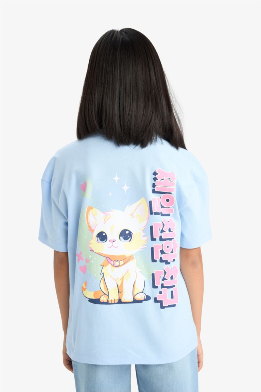 Kız Çocuk - Genç Kız Açık Mavi Oversize Geniş Kalıp Bisiklet Yaka Sırt Baskılı Kısa Kollu Tişört Kız Çocuk