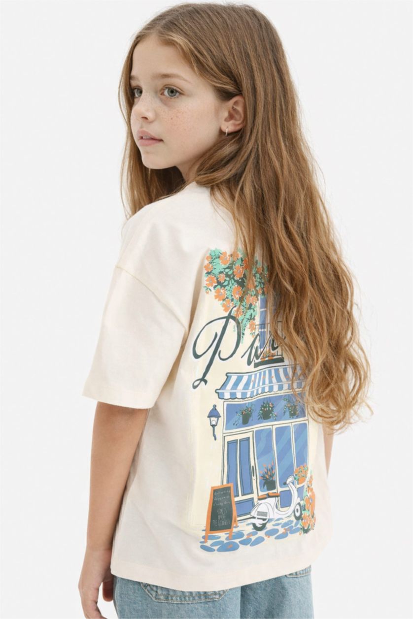 Girls & Teens Ecru Girl Oversize Fit Anime Printed Short Sleeve T-Shirt