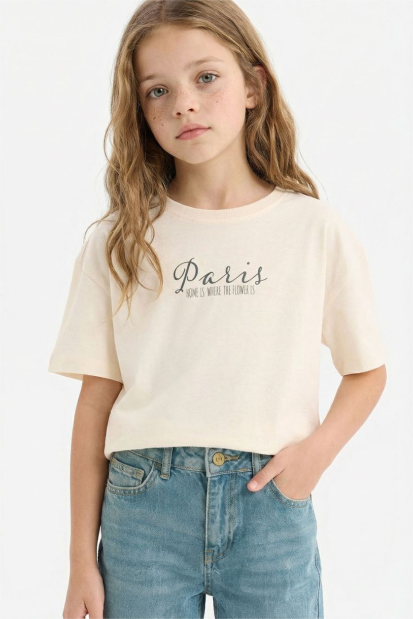 Girls & Teens Ecru Girl Oversize Fit Anime Printed Short Sleeve T-Shirt