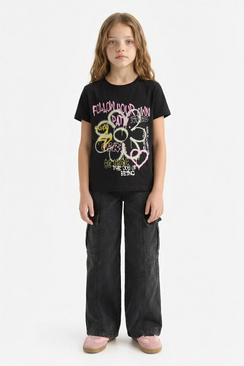 Kız Çocuk - Genç Kız Siyah Bisiklet Yaka Baskılı Kısa Kollu Tişört Kız Çocuk
