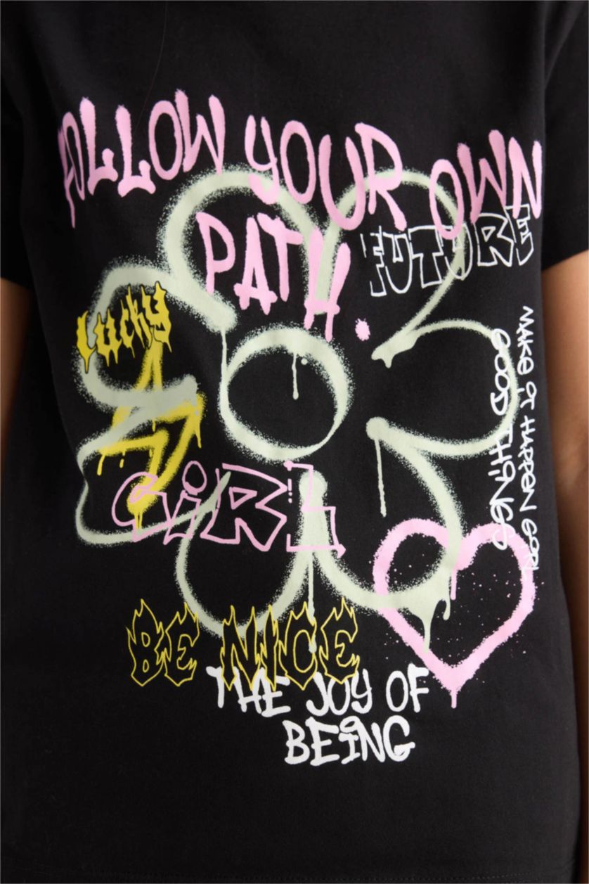 Kız Çocuk - Genç Kız Siyah Bisiklet Yaka Baskılı Kısa Kollu Tişört Kız Çocuk