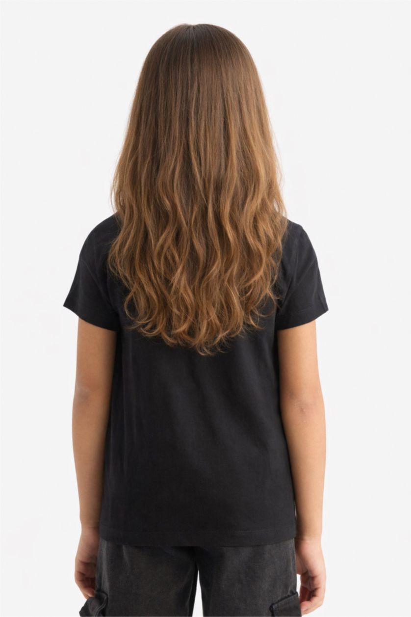 Kız Çocuk - Genç Kız Siyah Bisiklet Yaka Baskılı Kısa Kollu Tişört Kız Çocuk