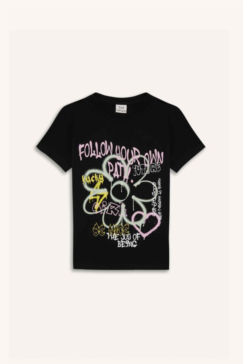 Kız Çocuk - Genç Kız Siyah Bisiklet Yaka Baskılı Kısa Kollu Tişört Kız Çocuk